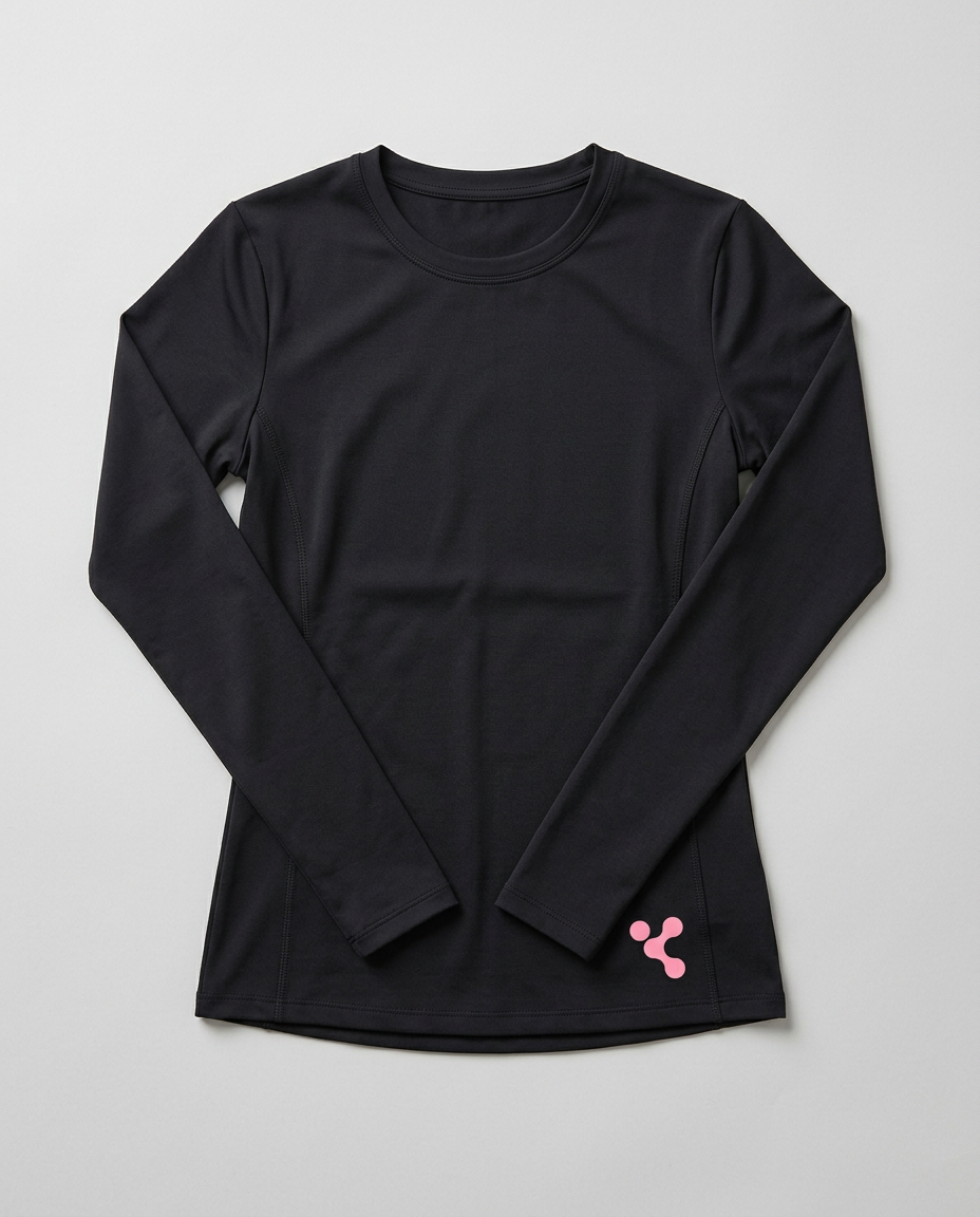Flat lay of black fitted long-sleeve top with original pink hem logo