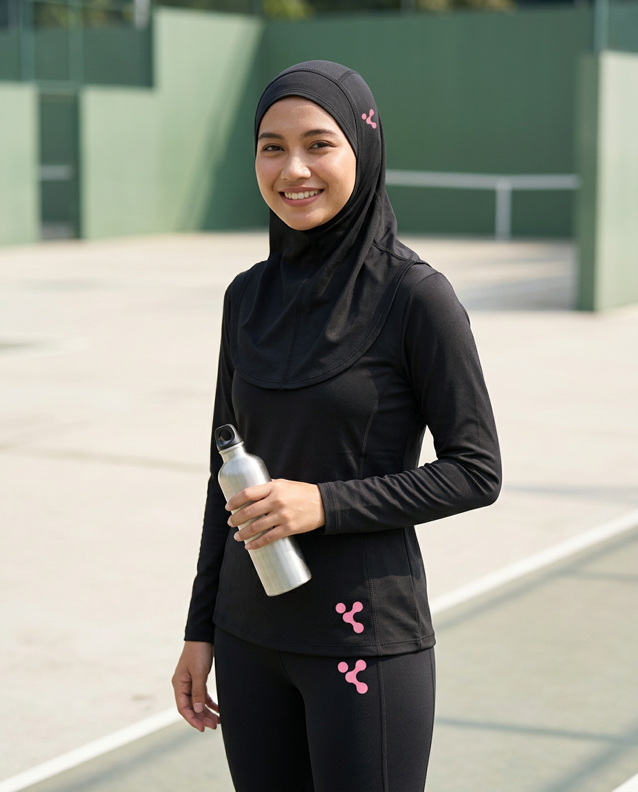 Asian woman wearing the Inner Circle sport hijab, long-sleeve top and leggings on an outdoor court